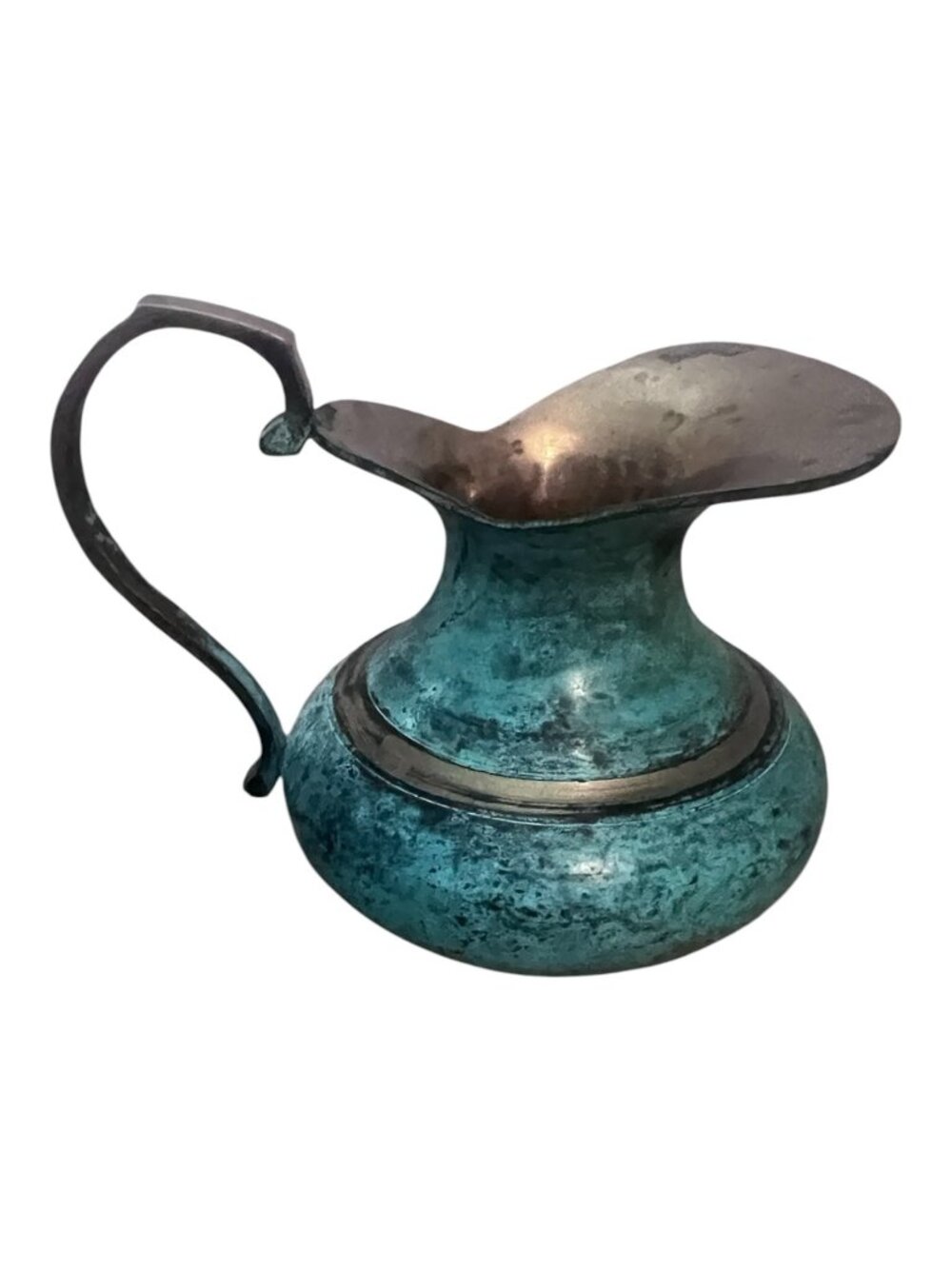 Small Metal Ewer Pitcher Vase Verdigris Blue Brass Tone Decor